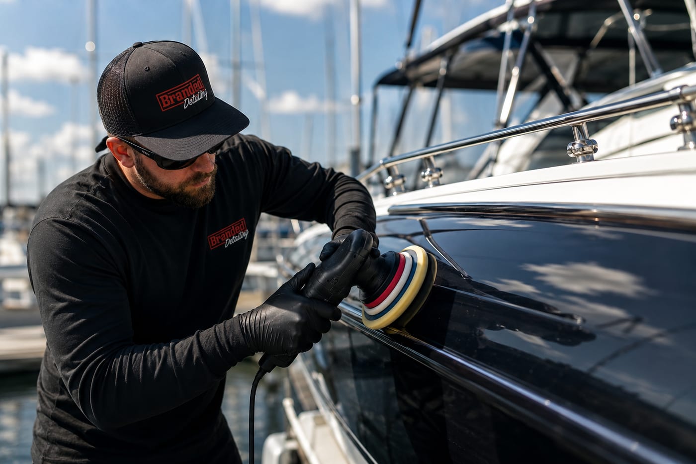 Detailer machine-polishing the dark hull of a boat at a marina