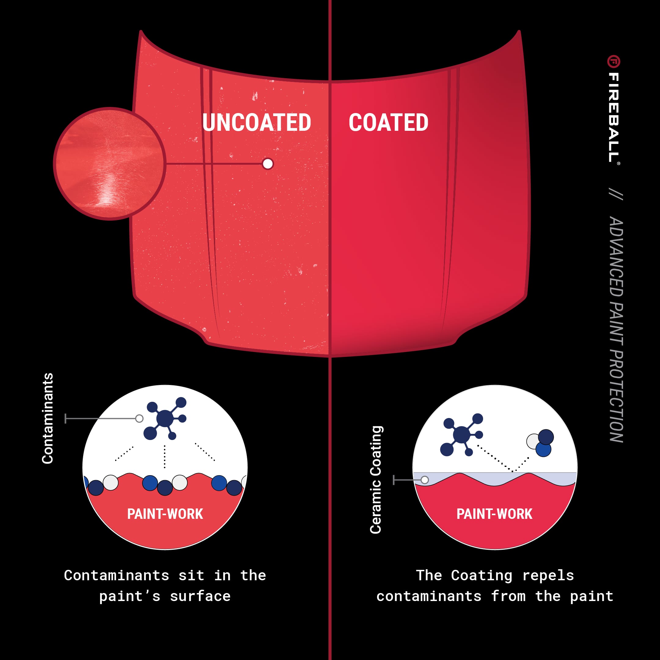 Split diagram of a hood, uncoated versus coated: contaminants sit in uncoated paint while the ceramic coating repels them