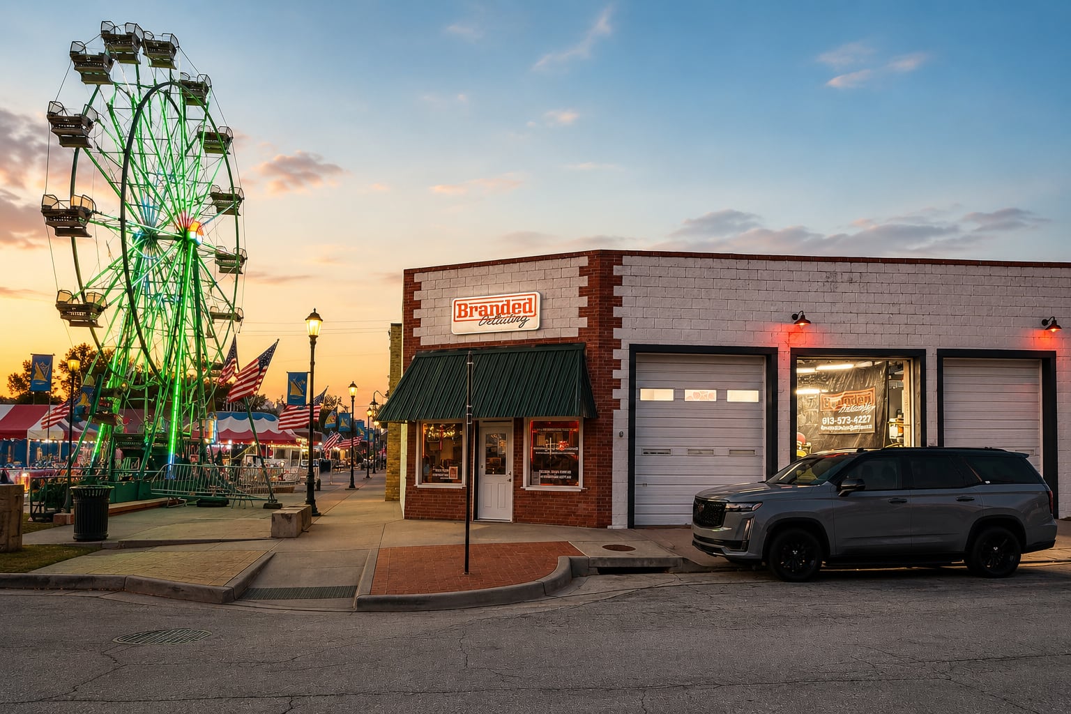 The Branded Detailing storefront in downtown Smithville at dusk, with the fair lit up down the street